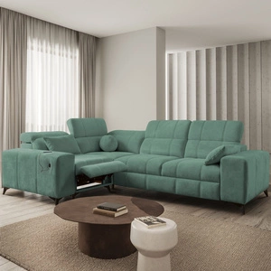 Rohová sedací souprava s funkcí spaní Penejos II Lux zelená levá pohodlná rohová sedací souprava do obývacího pokoje s pohodlným výsuvným podnožníkem