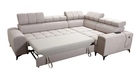 Rohová sedací souprava s funkcí spaní Bolmso II béžová pravostranná rohová sedací souprava se zásuvkou na lůžkoviny s plným výsuvem v boční části nábytku