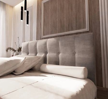 Hnědá kontinentální postel Harmony 140x200 v moderním skandinávském stylu s čelem zakončeným ozdobnými knoflíky