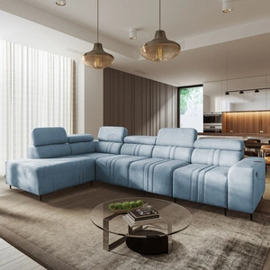 Rohová sedací souprava s funkcí spaní Castel XI modrá levá pohodlná rohová sedací souprava s úložným prostorem na lůžkoviny odolná tkanina