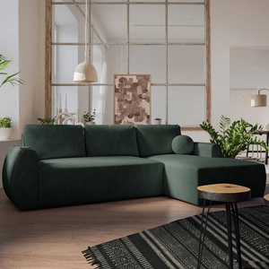 Rohová sedací souprava s funkcí spaní Colio zelená pravá strana stylová rohová sedací souprava se zajímavým tvarem velurové tkaniny dekorativní polštářová koule