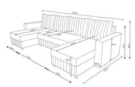 Rohová sedací souprava s funkcí spaní Pasco U černá klasický design vkusný korpus se zárukou funkčnosti a pohodlí měkká tkanina