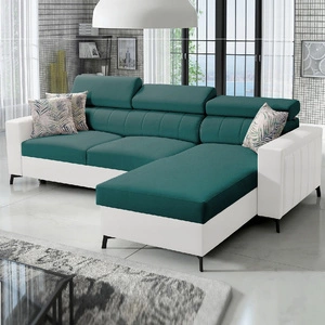 Rohová sedací souprava s funkcí spaní Savona tyrkysová / bílá pravá elegantní rohová sedací souprava s nastavitelnými opěrkami hlavy dekorativní prošívání