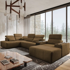 Rohová sedací souprava s funkcí spaní Tesalia V hnědá pravá komfortní rohová sedací souprava se zásuvkou a funkcí posuvného opěradla