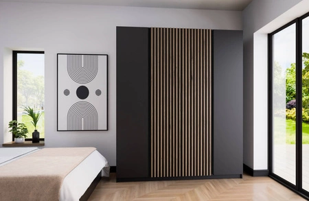 Šatní skříň Kastano XIII 200 cm černá moderní design kovové hrany úchytek dveře šatní skříně zdobené dubovými lamelami evoke