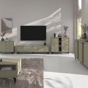 Sestava nábytku do obývacího pokoje Kyoto I eukalyptus stylový design elegantní nábytek na kovovém černém podstavci decentní úchyty