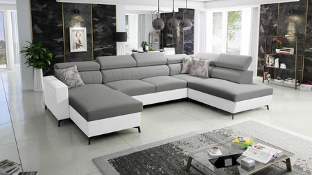 Rohová sedací souprava s funkcí spaní Savona VI šedá / bílá levá elegantní a pohodlná rohová sedací souprava do obývacího pokoje dvě nádoby na lůžkoviny 