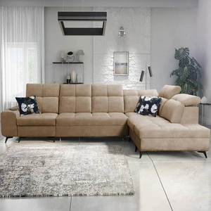 Rohová rozkládací pohovka s funkcí spaní Buffalo XI tmavě béžová pravá rohová rozkládací pohovka se třemi přihrádkami na lůžkoviny velurová tkanina