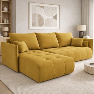 Rohová sedací souprava s funkcí spaní Selva hořčicová univerzální rohová sedací souprava s úložným prostorem na lůžkoviny z příjemné plyšové látky