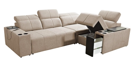 Rohová sedací souprava s funkcí spaní Tesalia II modrá pravá komfortní rohová sedací souprava do obývacího pokoje s posuvným opěradlem nádoba na lůžkoviny