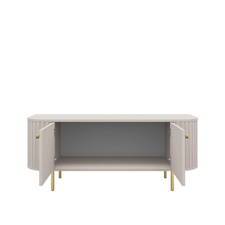 RTV skříňka Ovalio 123 cm béžová stylová TV skříňka unikátní oválný tvar dekorativní frézování kovové základny