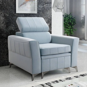 Křeslo Rava modré praktické a pohodlné křeslo do obývacího pokoje s nastavitelnou opěrkou hlavy a úložným prostorem z měkké sametové látky