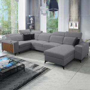 Rohová sedací souprava Kelly IV s funkcí spaní šedá pravostranná proplétaná pohodlná rohová sedací souprava nastavitelné opěrky hlavy boční čalounění s lamelami