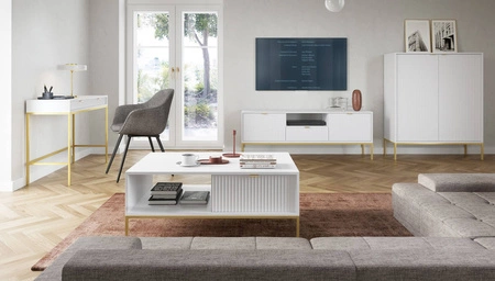 Lovro bílá konzola se zásuvkami stylový a funkční kus nábytku do předsíně, obývacího pokoje nebo kanceláře kovový rám ve zlaté barvě