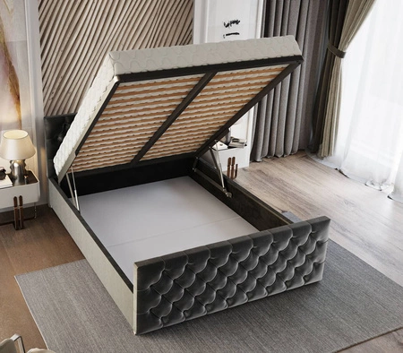 Čalouněná postel Viamao 180x200 světle hnědá s kontejnerem v moderním skandinávském stylu s prošívaným čelem a nohama