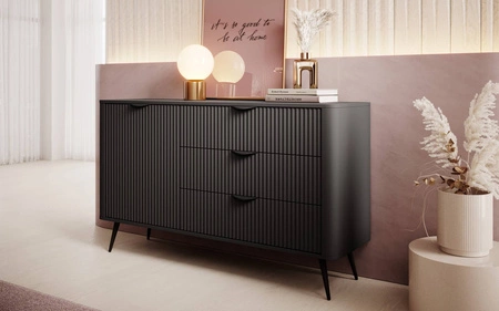 Zásuvková komoda Lante 138 cm černá elegantní zaoblená komoda na kovovém podstavci se stylovými úchyty