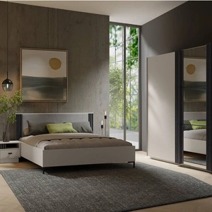 Ložnicová sestava nábytku Estan béžová / antracitová Nadčasový design Ložnicová sestava nábytku Prostorná posuvná skříň se zrcadlem