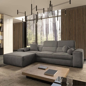 Rohová sedací souprava s funkcí spaní Viano šedá levá stylová rohová sedací souprava se zajímavým tvarem nastavitelné opěrky hlavy dekorativní polštáře