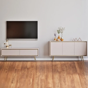 Lavice Nevea béžová elegantní nábytek do obývacího pokoje v jemných barvách bezúchytkové skříňky obohacené designovým lemováním