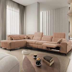 Rohová rozkládací pohovka s funkcí spaní Penejos XI Lux losos levá stylová rohová rozkládací pohovka s pohodlnou výsuvnou opěrkou nohou