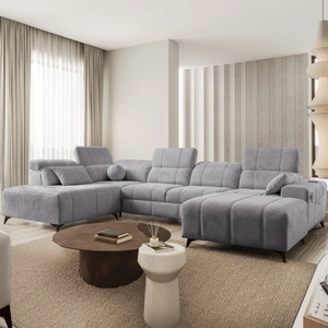 Rohová pohovka s funkcí spaní Penejos VI světle šedá pravostranná stylová rohová pohovka se dvěma lůžkovinami odolná látka