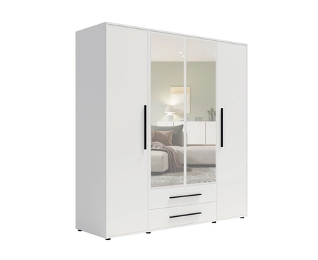 Zrcadlová šatní skříň Maxione 198 cm bílá prostorná šatní skříň do ložnice, pokoje pro mladé nebo předsíně obohacená o zásuvky