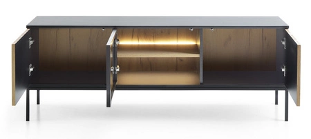 RTV skříňka Amma 154 cm černá / dub wotan elegantní forma nábytku v moderním stylu vkusné rýhované čelo bezpečné tvrzené sklo