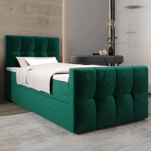Kontinentální postel Manhattan 120x200 lahvově zelená v moderním skandinávském stylu s čalouněným čelem a nohou postele s úložným boxem