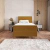 Kontinentální postel Benet 90x200 hořčice v moderním skandinávském stylu s čalouněným podhlavníkem a podnožkou s úložným boxem