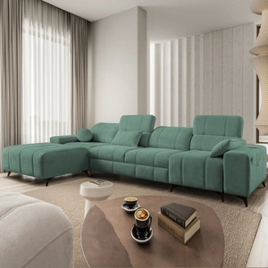Rohová pohovka s funkcí spaní Penejos XII zelená levá stylová rohová pohovka s kontejnery na lůžkoviny pohodlné nastavitelné opěrky hlavy