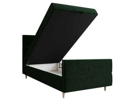 Kontinentální postel Benet 120x200 lahvově zelená v moderním skandinávském stylu s čalouněným čelem a nohou postele s úložným boxem