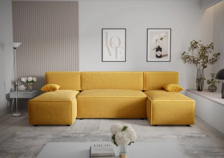 Rohová sedací souprava s funkcí spaní Brandon U medová nádoba na lůžkoviny trojrozměrná látka s výraznými pruhy