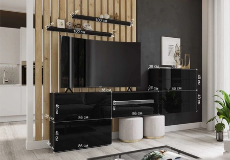 Nábytková stěna Agria bílá / bílý lesk neobvyklý design praktické řešení ideální pro každý obývací pokoj opticky zvětšuje interiér