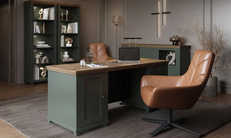Psací stůl se zásuvkami Evora 180 cm láhev zelená / dub lefkas vkusným designem potěší milovníky výrazných interiérů do pracovny nebo kanceláře