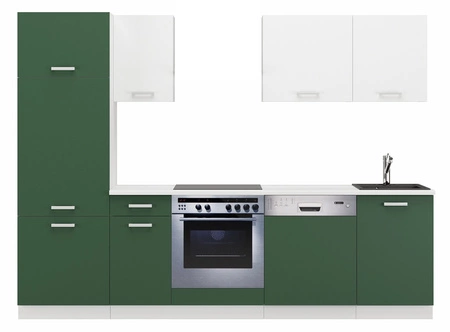 Sestava kuchyňského nábytku s pracovní deskou Toni 270 cm bílá / pastelově zelená Nábytek vypadá skvěle v moderních interiérech