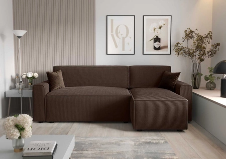 Rohová sedací souprava s funkcí spaní Brandon Bis hnědý pravý roh trojrozměrná látka s výraznými pruhy nádoba na lůžkoviny