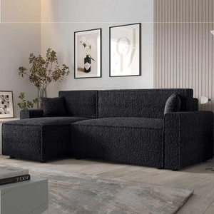 Rohová sedací souprava s funkcí spaní Brandon Bis černá levá strana měkká tkanina s charakteristickou smyčkovou povrchovou nádobou na lůžkoviny