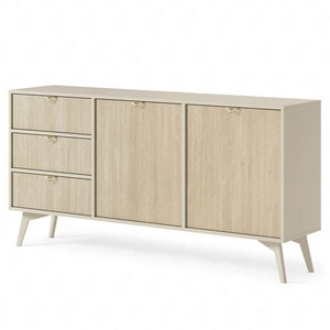 Zásuvková komoda Wald 158 cm béžová / béžová rybí kost pastelové barvy v boho stylu vkusný dekor rybí kosti a zlaté úchyty