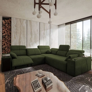 Rohová sedací souprava s funkcí spaní Tesalia III Lux zelená levá pohodlná rohová sedací souprava s výsuvnou podnožkou a posuvnou funkcí opěradla