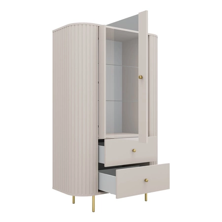 Vitrína Ovalio 97 cm béžová stylový design bezpečná vitrína z tvrzeného skla oválného tvaru s ozdobným frézováním