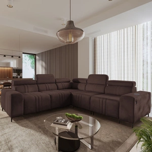 Rohová sedací souprava s funkcí spaní Castel III hnědá pravá rohová sedací souprava se dvěma kontejnery na lůžkoviny s nastavitelnými opěrkami hlavy