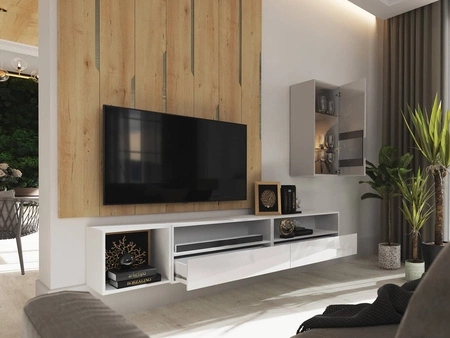 Paleo bílá / bílý lesk Minimalistický design nástěnné skříňky do obývacího pokoje nebo zasedací místnosti Systém push to open