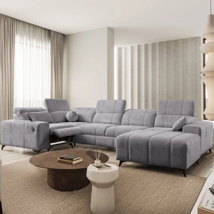 Rozkládací pohovka Penejos IV Lux světle šedá pravostranná stylová rohová rozkládací pohovka s pohodlným výsuvným podnožníkem