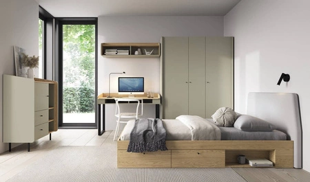 Postel Olivio se zásuvkami 120x200 cm dub baltic dune ideální do dětského pokoje s čalouněným čelem a zásuvkami