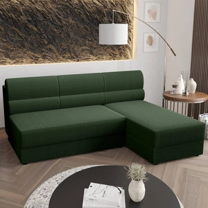 Rohová sedací souprava s funkcí spaní Fogu zelená pravá strana stylová rohová sedací souprava s jednoduchým designem potažená nádobou na lůžkoviny z manšestrové tkaniny