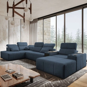 Rohová sedací souprava s funkcí spaní Tesalia V modrá pravá komfortní rohová sedací souprava se zásuvkou a funkcí posuvného opěradla