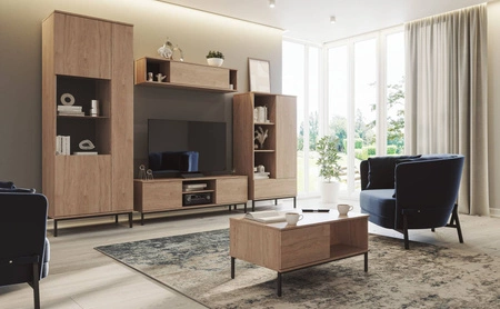 Vitrína Tutti 70 cm dub hickory stylový design bezpečná vitrína z tvrzeného skla na vysokých kovových nohách systém push to open