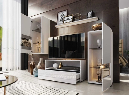 Univerzální a stylová nástěnná skříňka Olimpia bílá / bílý lesk do obývacího pokoje - jednoduché kousky, které se hodí do každého interiéru