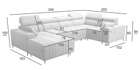Rohová pohovka s funkcí spaní Castel IV šedý jasan levá stylová rohová pohovka s kontejnery na lůžkoviny a nastavitelnými opěrkami hlavy