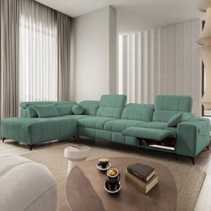 Rohová pohovka s funkcí spaní Penejos XI Lux zelená levostranná stylová rohová pohovka s pohodlným výsuvným podnožníkem